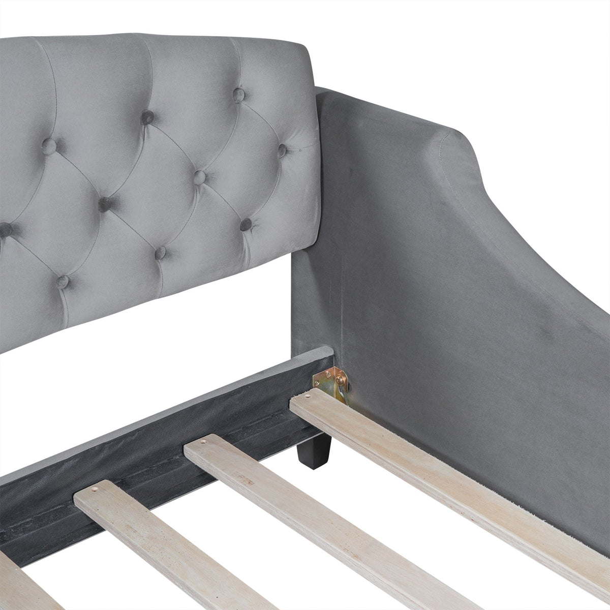 Modern Tufted Button Daybed by HouseOfZazla in gray upholstery with wood slat frame on Tampa Home & Garden Store