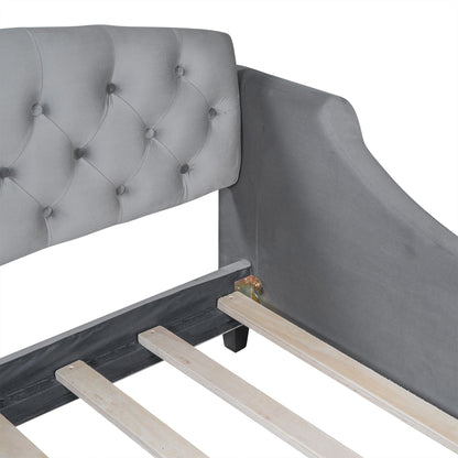 Modern Tufted Button Daybed by HouseOfZazla in gray upholstery with wood slat frame on Tampa Home & Garden Store