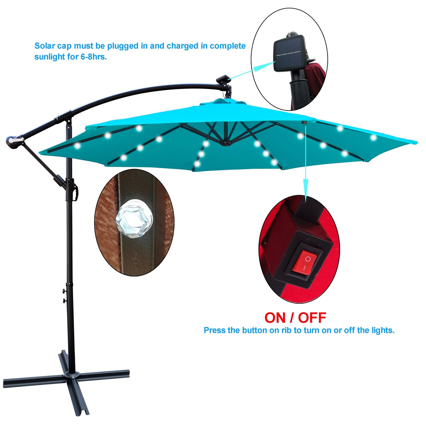 10 ft outdoor patio umbrella with teal canopy and solar-powered LED lights on Tampa Home & Garden Store