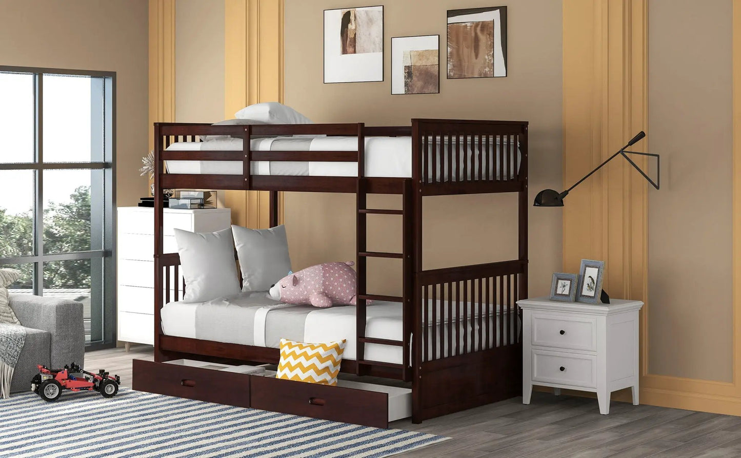 Dark wood bunk bed with integrated ladders and two under-bed storage drawers on Tampa Home & Garden Store