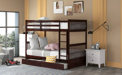 Dark wood bunk bed with integrated ladders and two under-bed storage drawers on Tampa Home & Garden Store