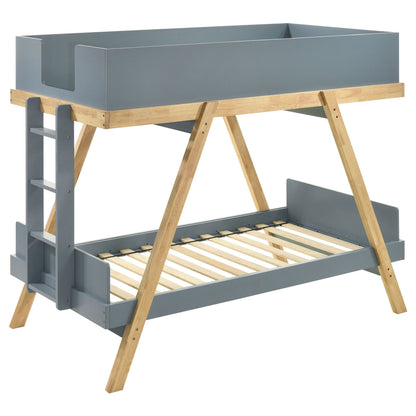 Hicks bunk bed blue-gray metal frame with natural wood ladder and slatted base on Tampa Home & Garden Store