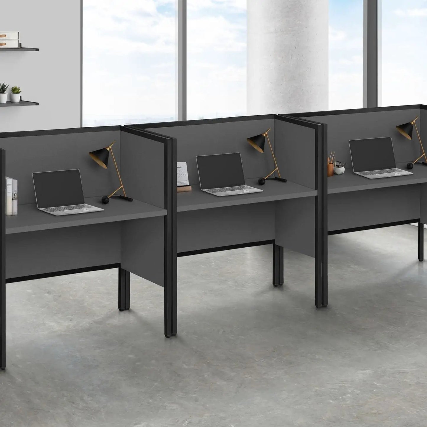 Office cubicle workstations set of 3 with gray partition panels and laptops, modern desks on Tampa Home & Garden Store