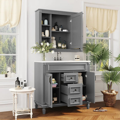 Bathroom vanity in gray with top sink and mirror cabinet, 2 soft-close doors & 2 drawers on Tampa Home & Garden Store