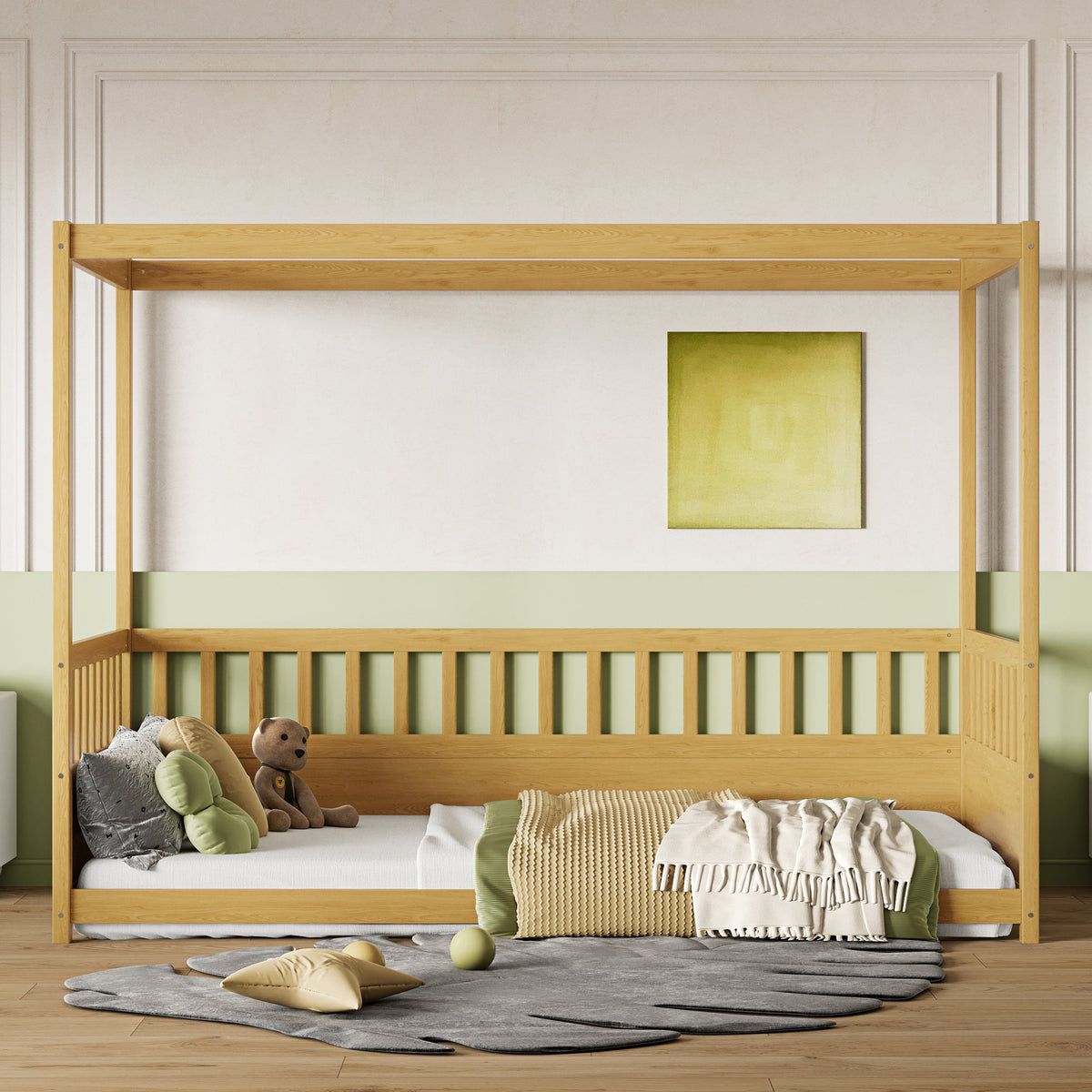 Twin size canopy bed frame with guardrails in natural wood for kids on Tampa Home & Garden Store