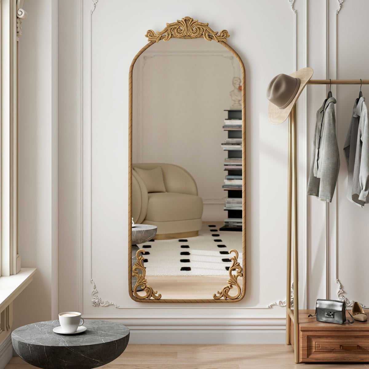 Full-length arched wall mirror with carved applique in bronze or pearl silver by HouseOfZazla on Tampa Home & Garden Store