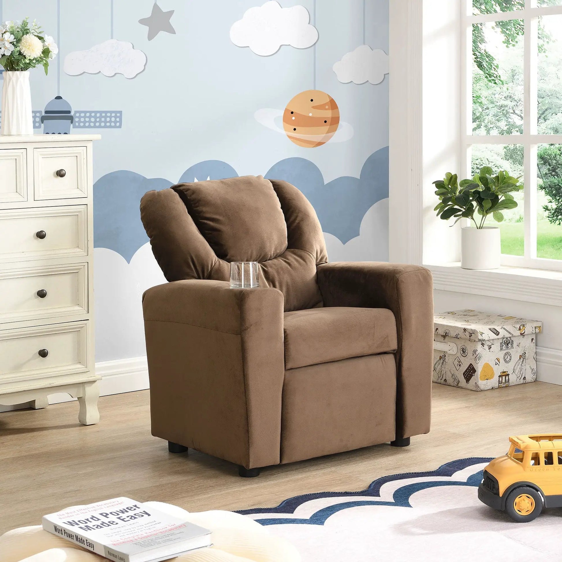 Kids Recliner Chair brown upholstered with plush backrest in a cloud-themed nursery on Tampa Home & Garden Store