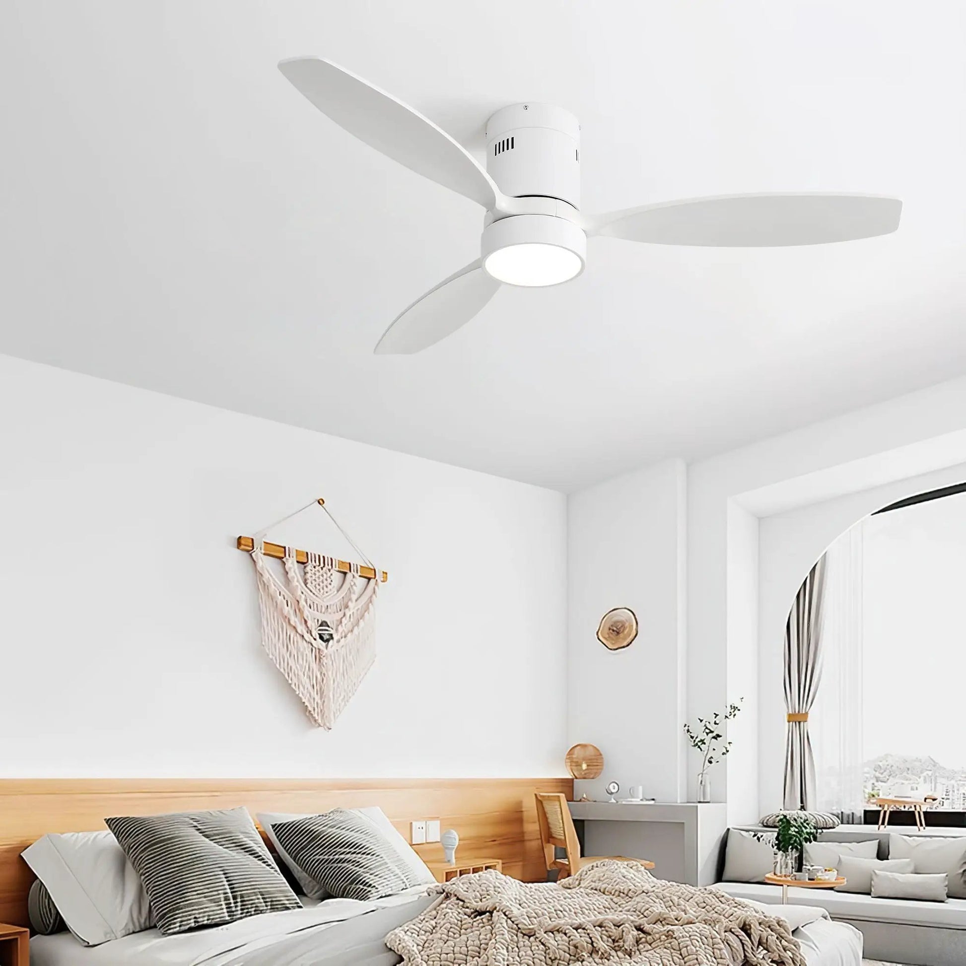 Indoor/outdoor ceiling fan with remote-controlled LED light, reversible DC motor, white, on Tampa Home & Garden Store