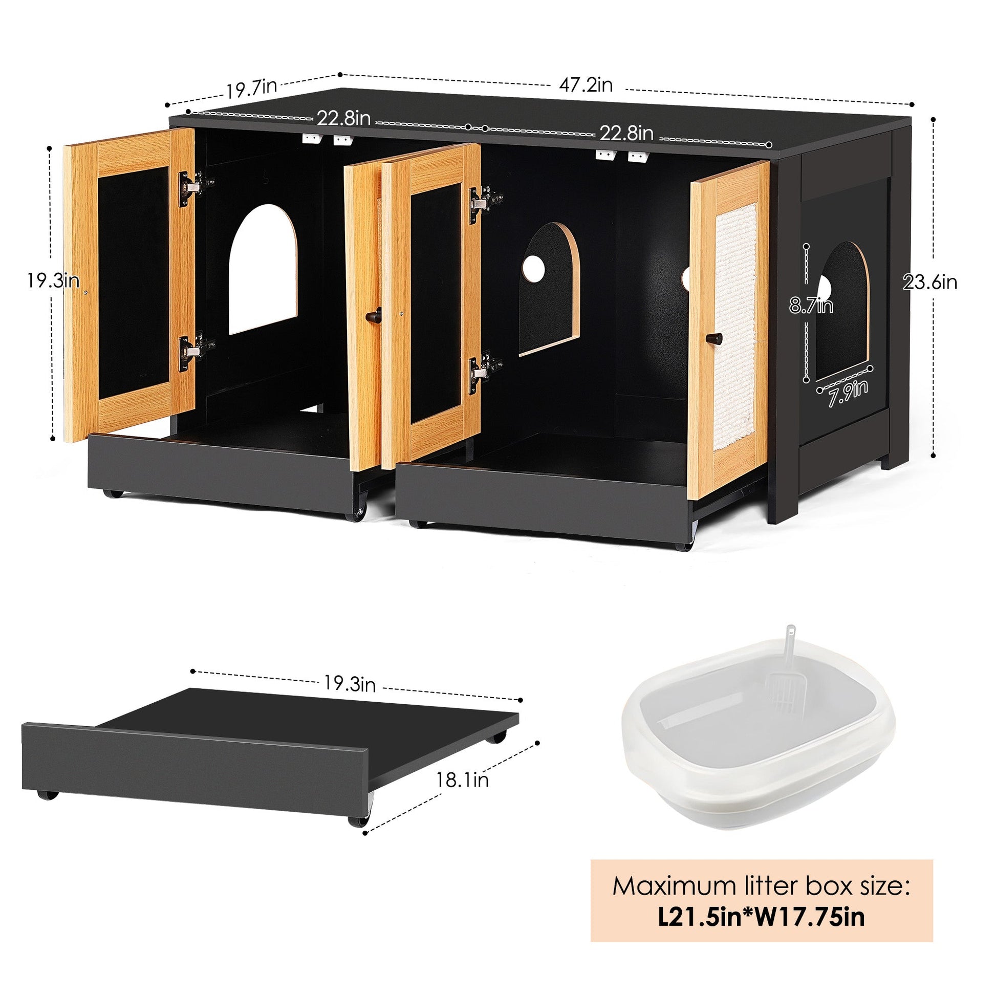 Double Litter Box Enclosure for Cats by HouseOfZazla, black cabinet with wood doors on Tampa Home & Garden Store