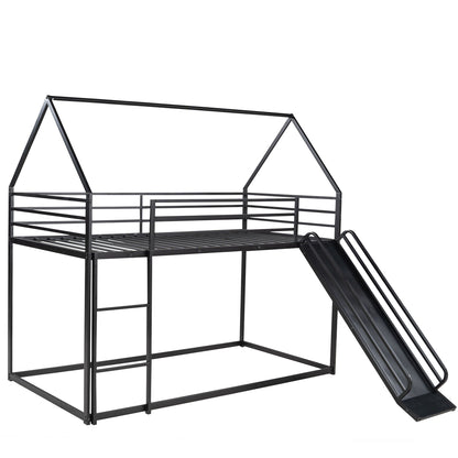Twin over twin bunk bed frame in black metal with ladder and slide, HouseOfZazla on Tampa Home & Garden Store