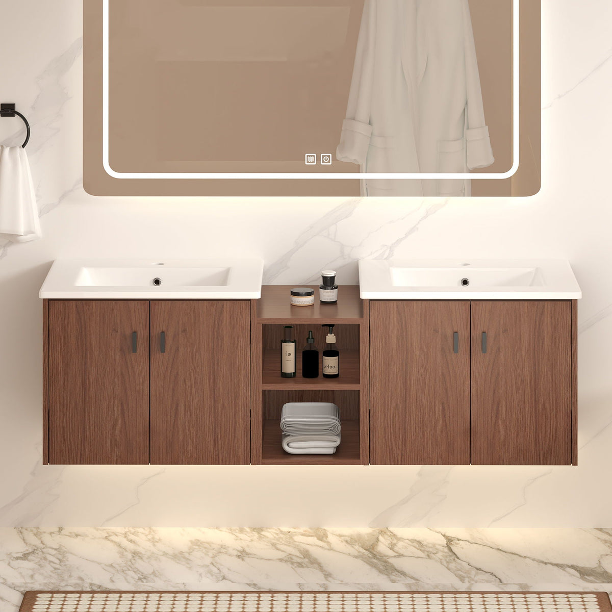 Soft Close Bathroom Vanity and Brown Shelves