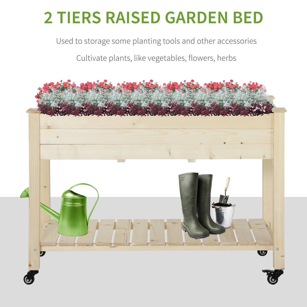 Outsunny raised garden bed, two-tier natural wood planter on wheels with storage shelf on Tampa Home & Garden Store
