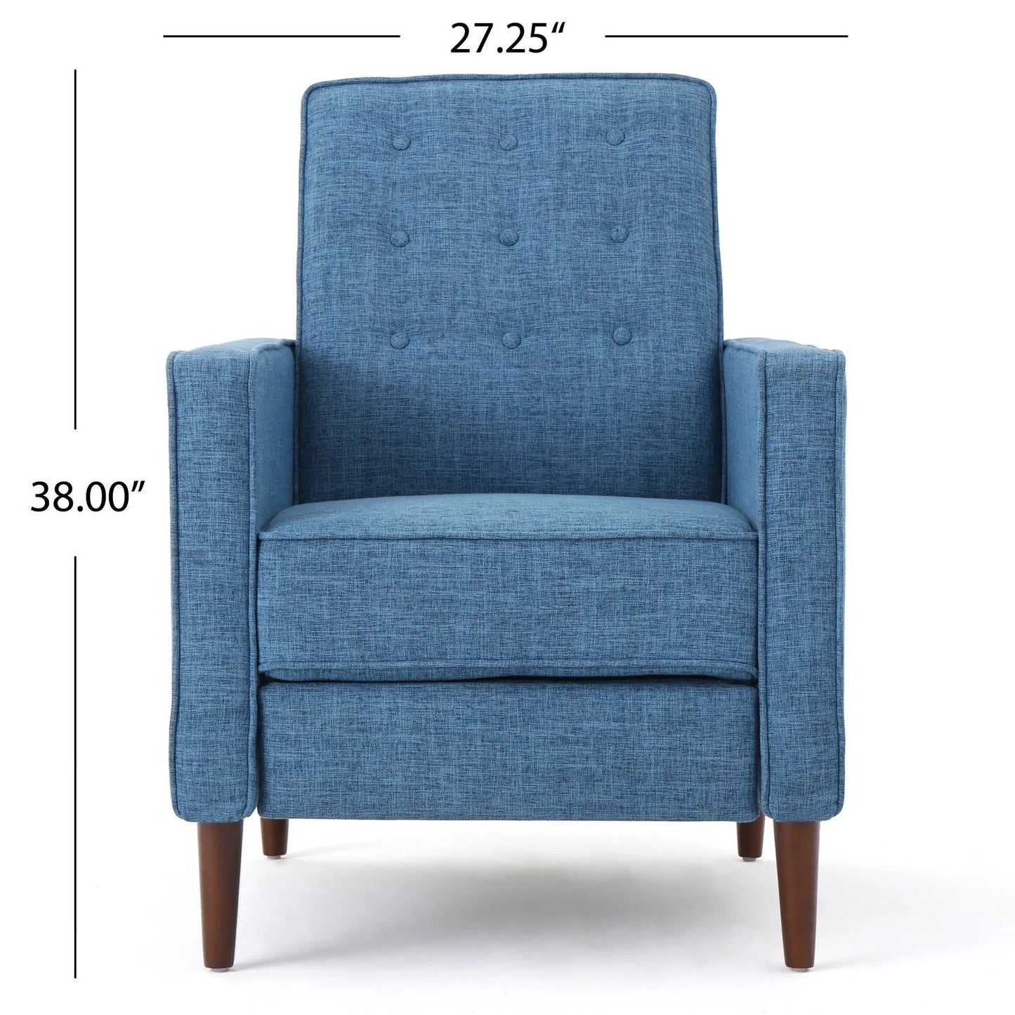 Mid-Century Modern Recliner With Button Tufted Waffle Stitch blue fabric, wooden legs on Tampa Home & Garden Store
