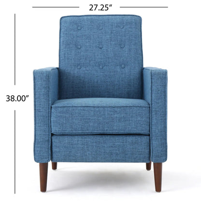 Mid-Century Modern Recliner With Button Tufted Waffle Stitch blue fabric, wooden legs on Tampa Home & Garden Store