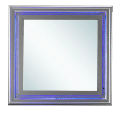 Lorana Transitional LED Mirror by Unique Piece Furniture, silver frame with blue LED glow on Tampa Home & Garden Store