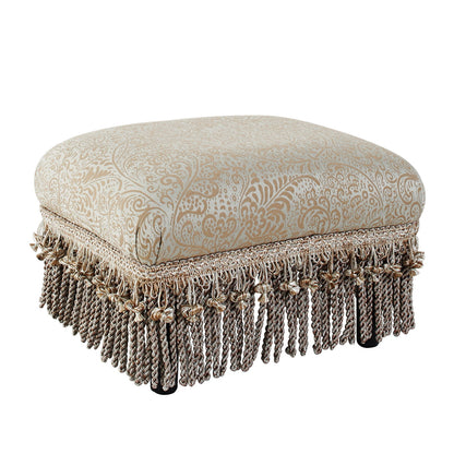Handcrafted footstool ottoman with solid wood frame in beige damask fabric and fringe on Tampa Home & Garden Store