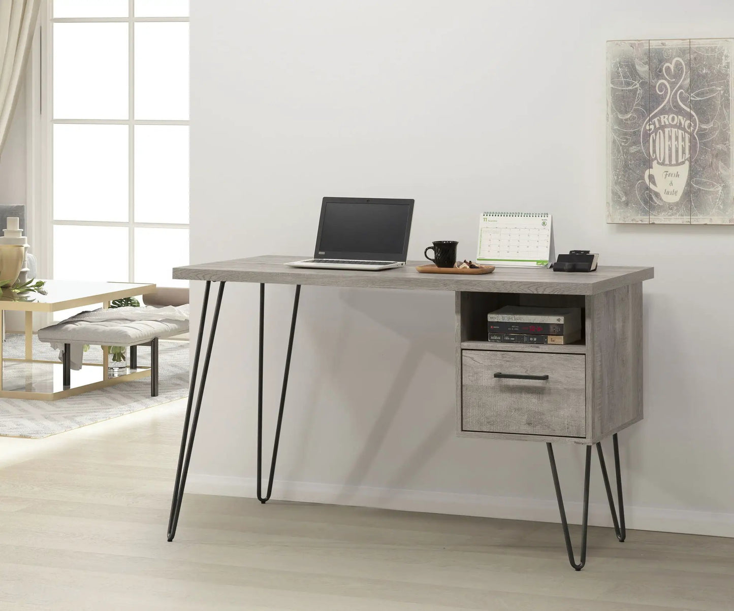 Desk in Gray Wash with Storage Drawer and Shelf