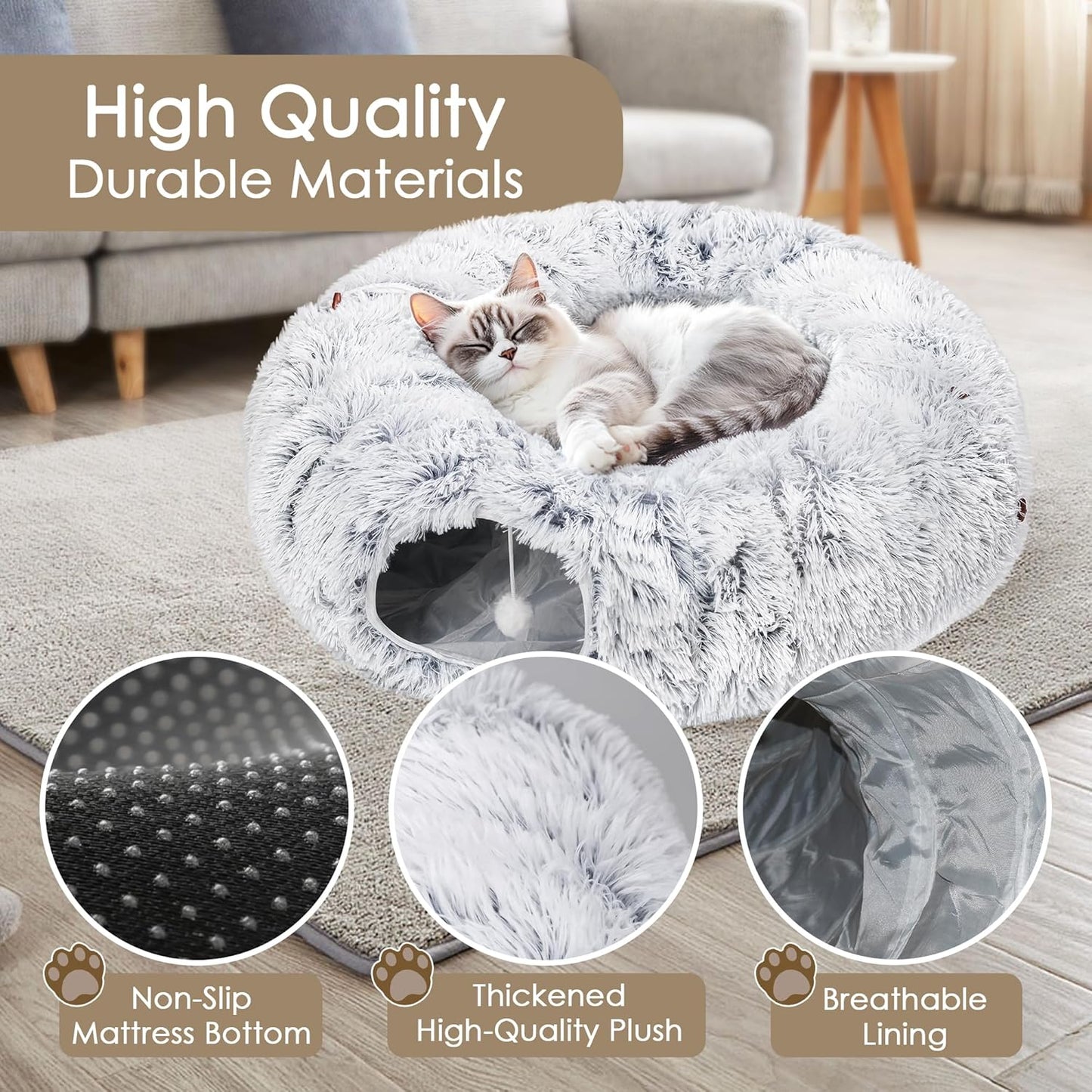 Cat Tunnel Bed grey plush indoor cat cave with washable mat by Sell My Stuff on Tampa Home & Garden Store