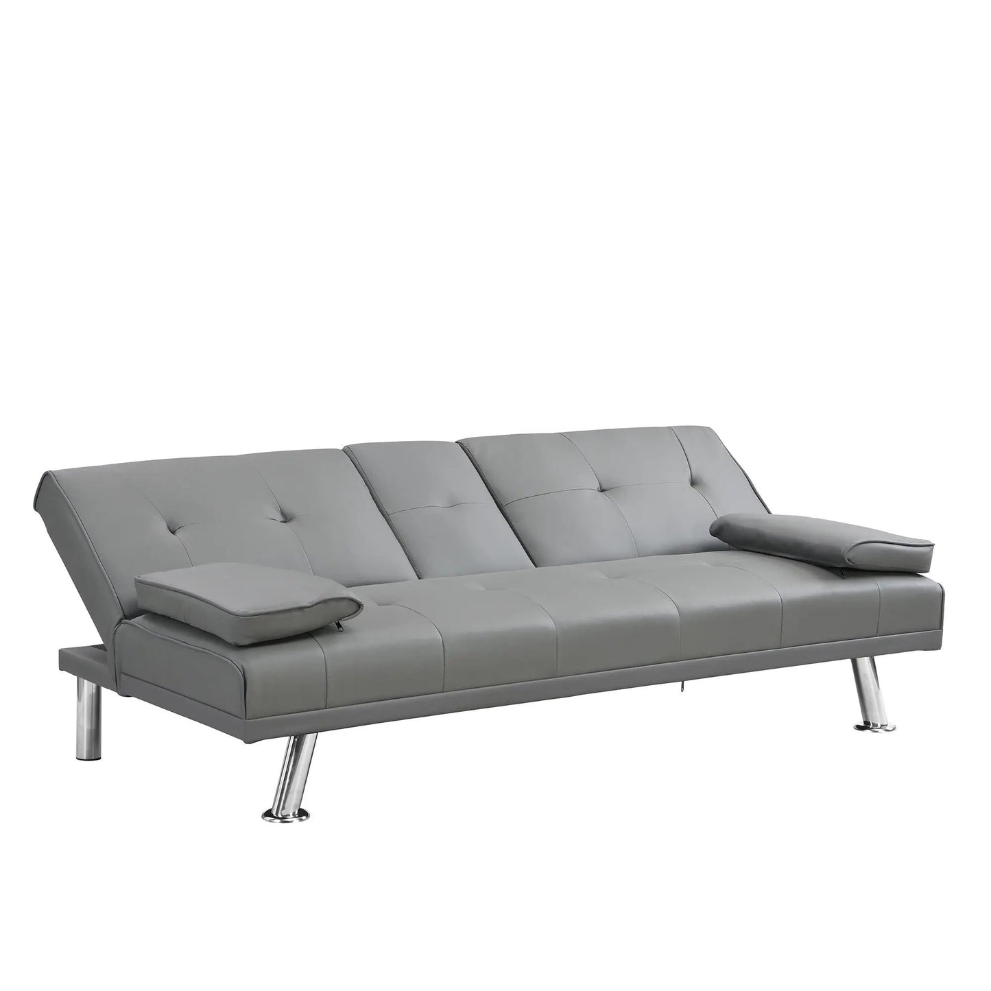 Modern futon sofa bed in grey tufted upholstery with wood frame and stainless legs on Tampa Home & Garden Store