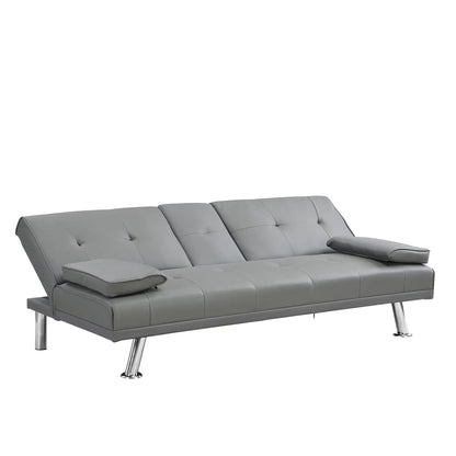 Modern futon sofa bed in grey tufted upholstery with wood frame and stainless legs on Tampa Home & Garden Store