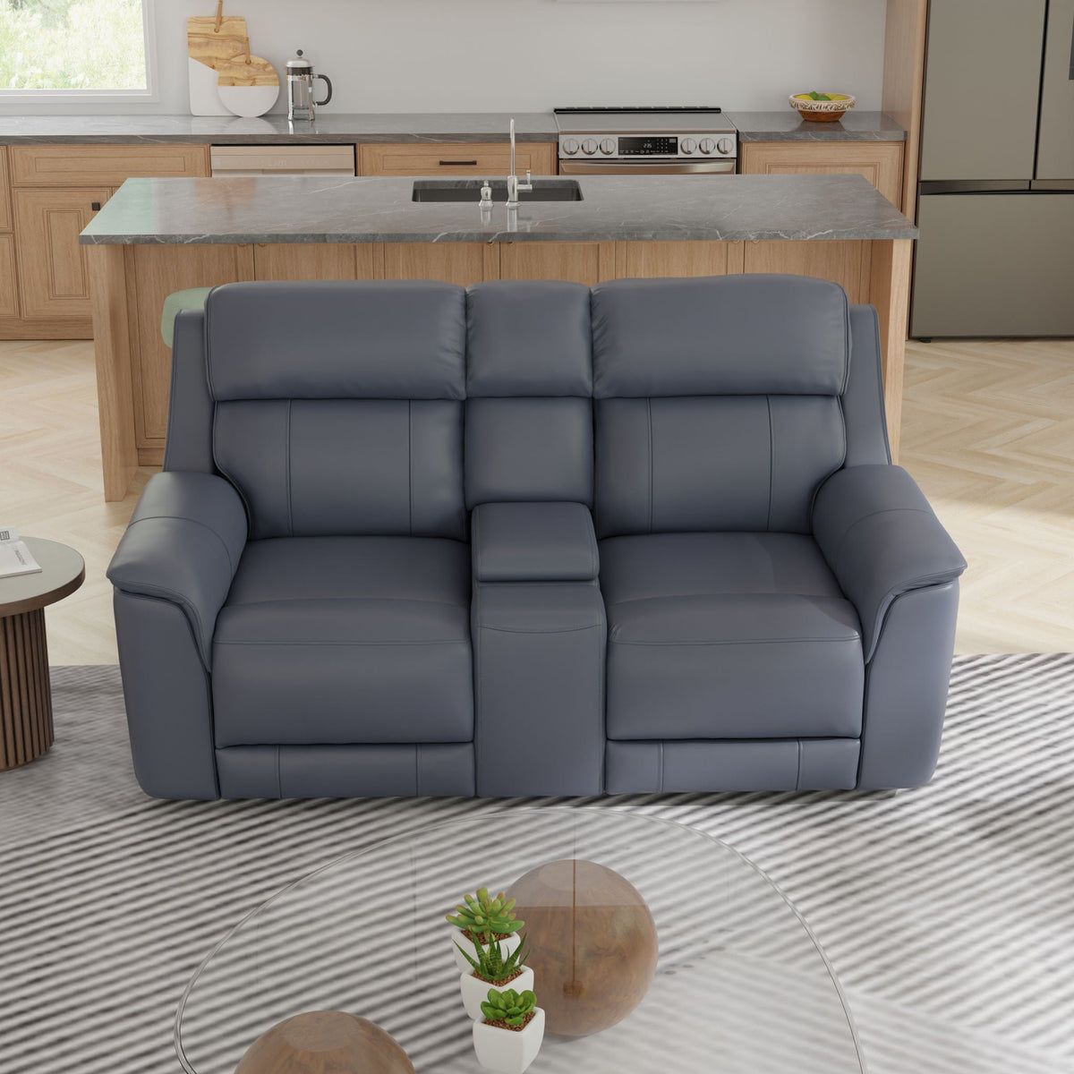 Dual Power Reclining Loveseat with Center Console in blue gray leather by HouseOfZazla on Tampa Home & Garden Store