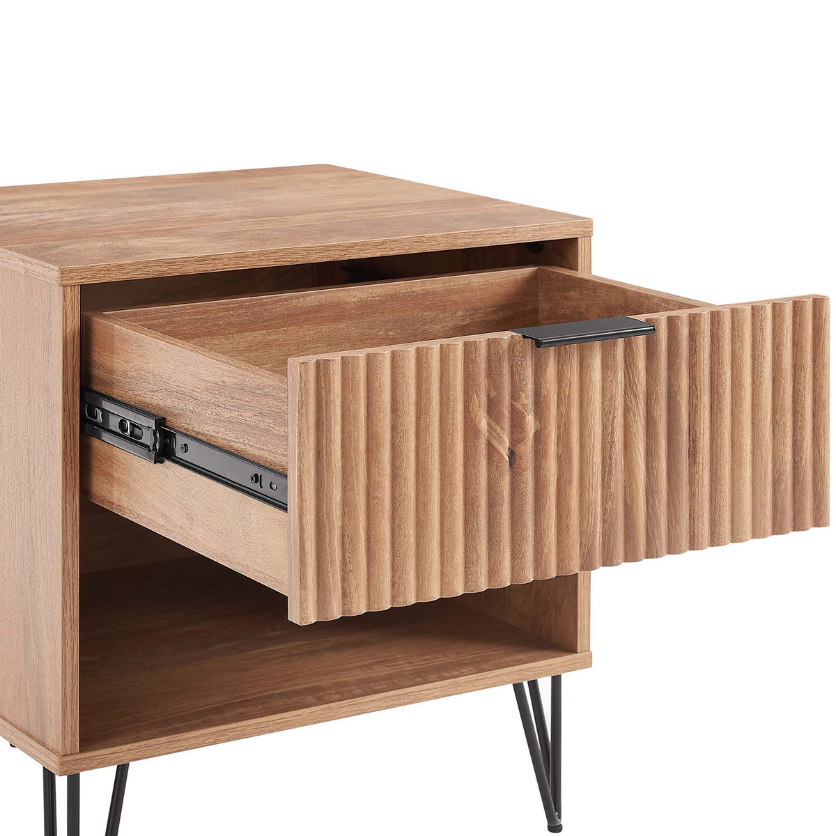 HouseOfZazla Modern Nightstand with Fluted Drawer and Metal Handles natural oak finish on Tampa Home & Garden Store