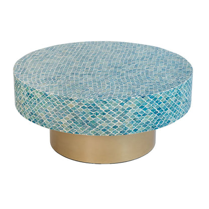 Capiz Coffee Table with Pedestal Base, round blue mosaic top and gold pedestal on Tampa Home & Garden Store