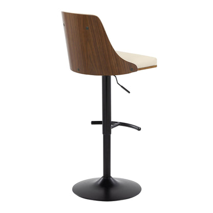 Mid Century Modern adjustable barstool with wood back and beige seat on black pedestal on Tampa Home & Garden Store