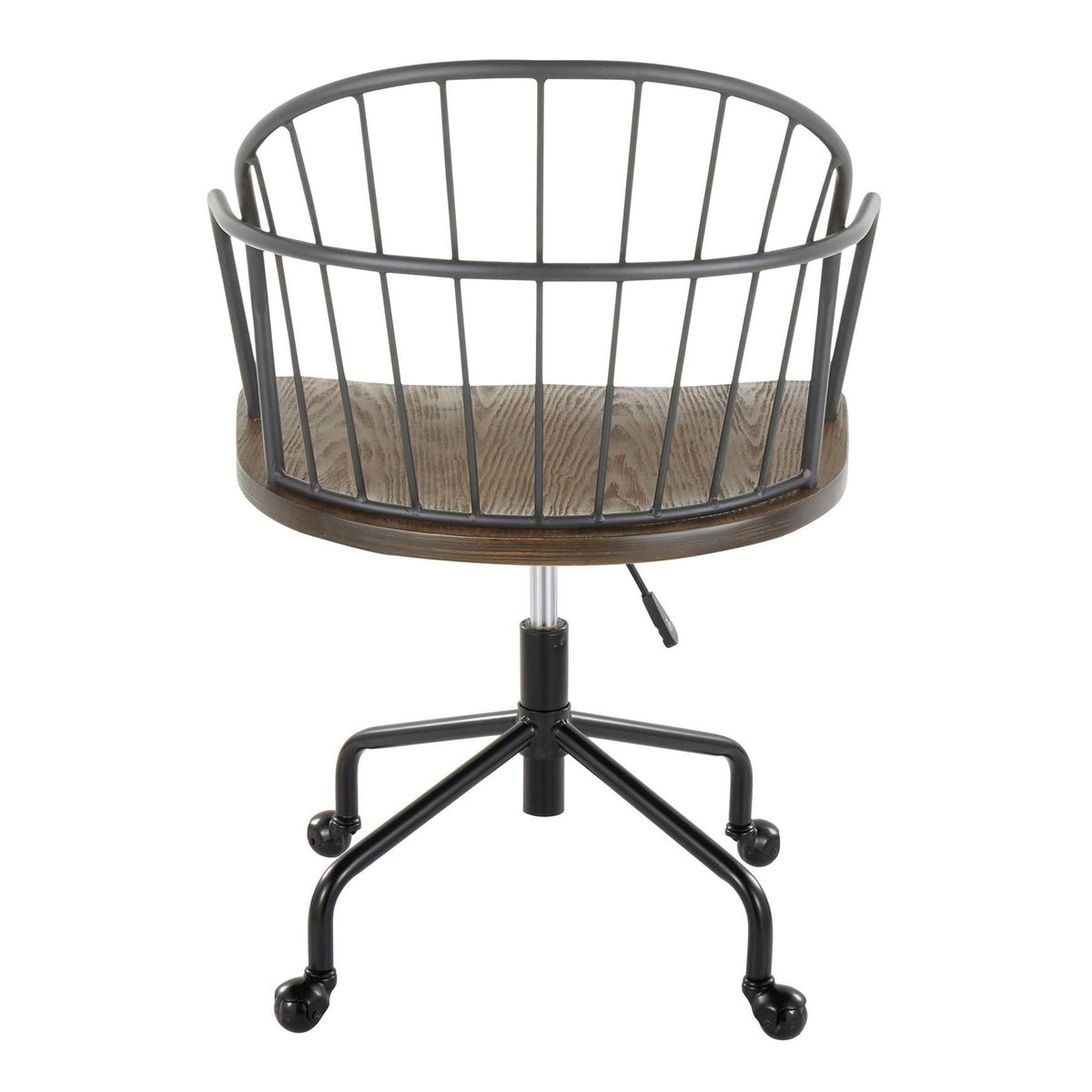 Farmhouse adjustable office chair dark brown wood seat black metal wire back swivel caster base on Tampa Home & Garden Store
