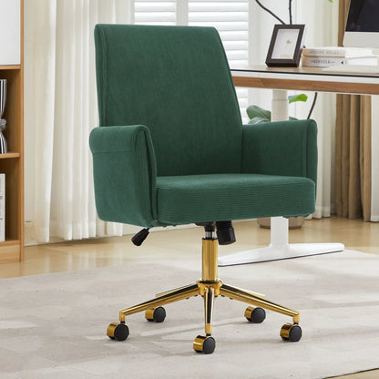 Ergonomic mid back swivel chair in green corduroy with gold base on Tampa Home & Garden Store