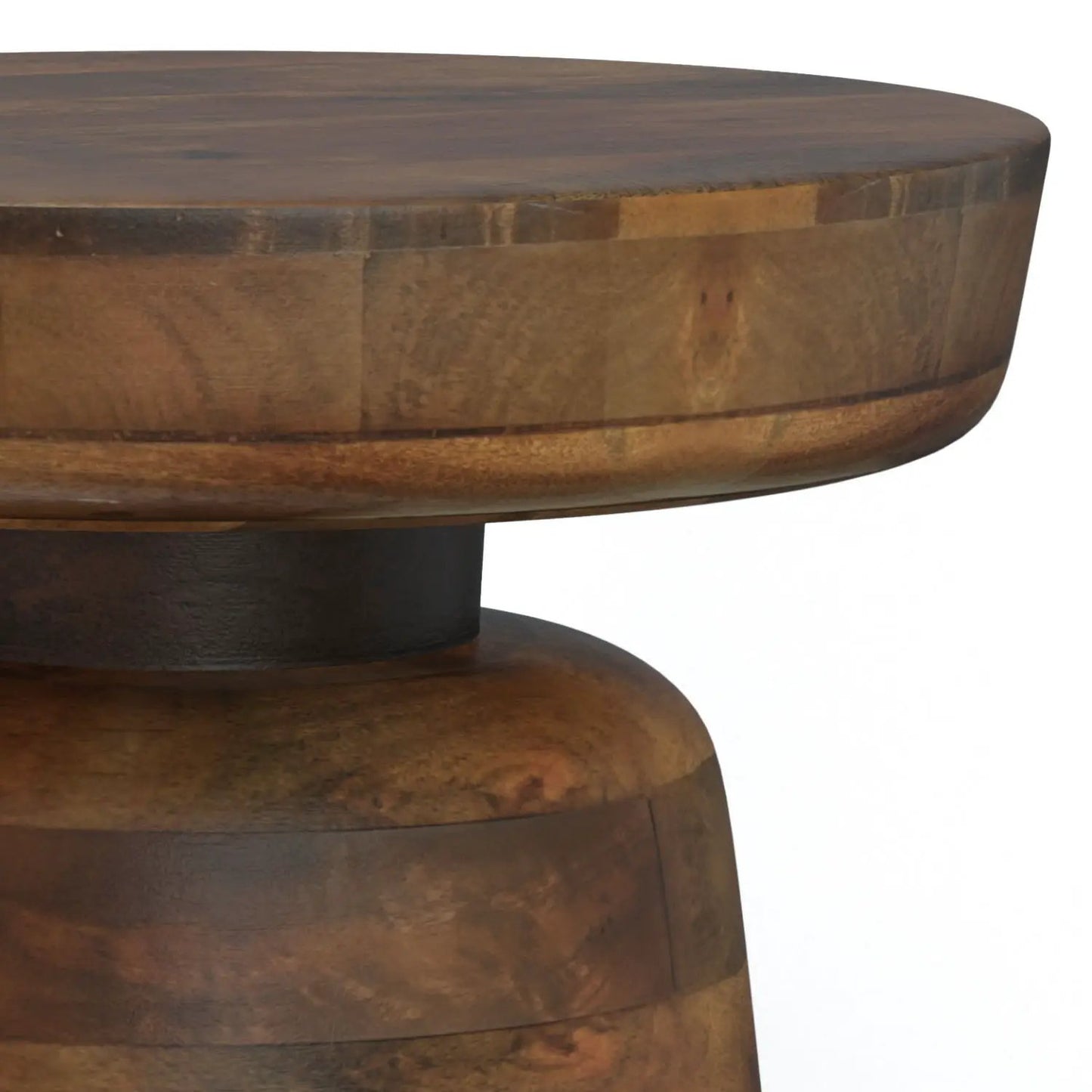 Robbie Handcrafted Accent Table round walnut top with segmented dark wood pedestal base on Tampa Home & Garden Store