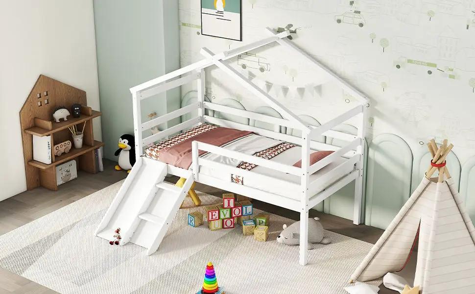 Low Loft House Bed With Slide and Guardrails