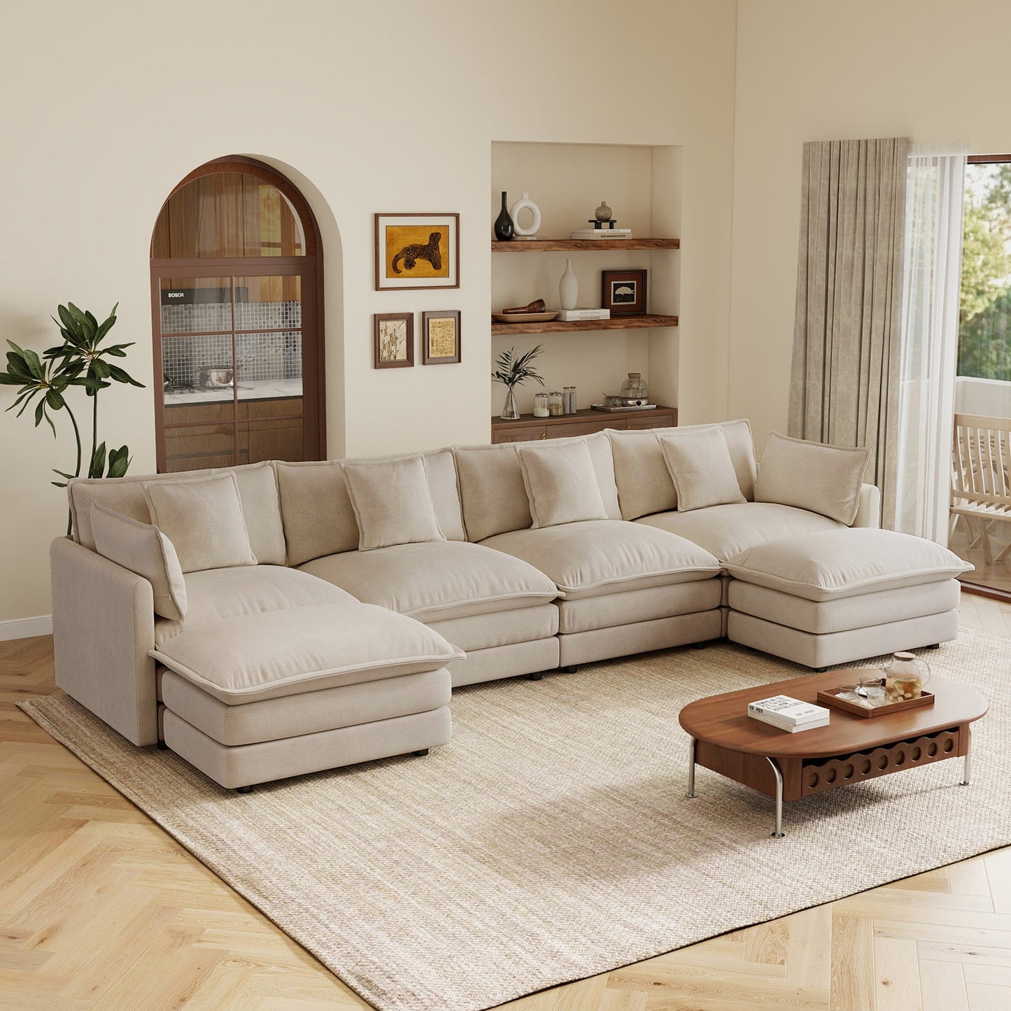 Oversized U Shaped Sofa and Two Chenille Ottomans