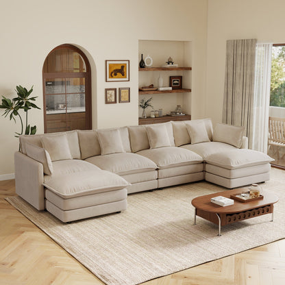 Oversized U Shaped Sofa and Two Chenille Ottomans