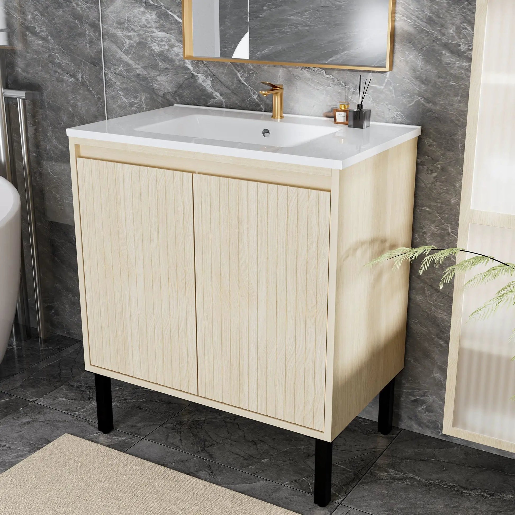 Bathroom vanity with ceramic sink, light wood cabinet, white top, soft-close drawers on Tampa Home & Garden Store