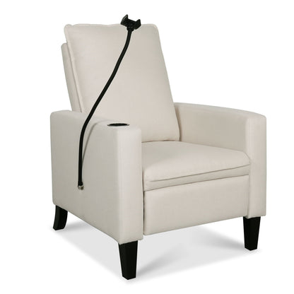 Beige fabric recliner chair for adults with cup holder, modern push-back design on Tampa Home & Garden Store
