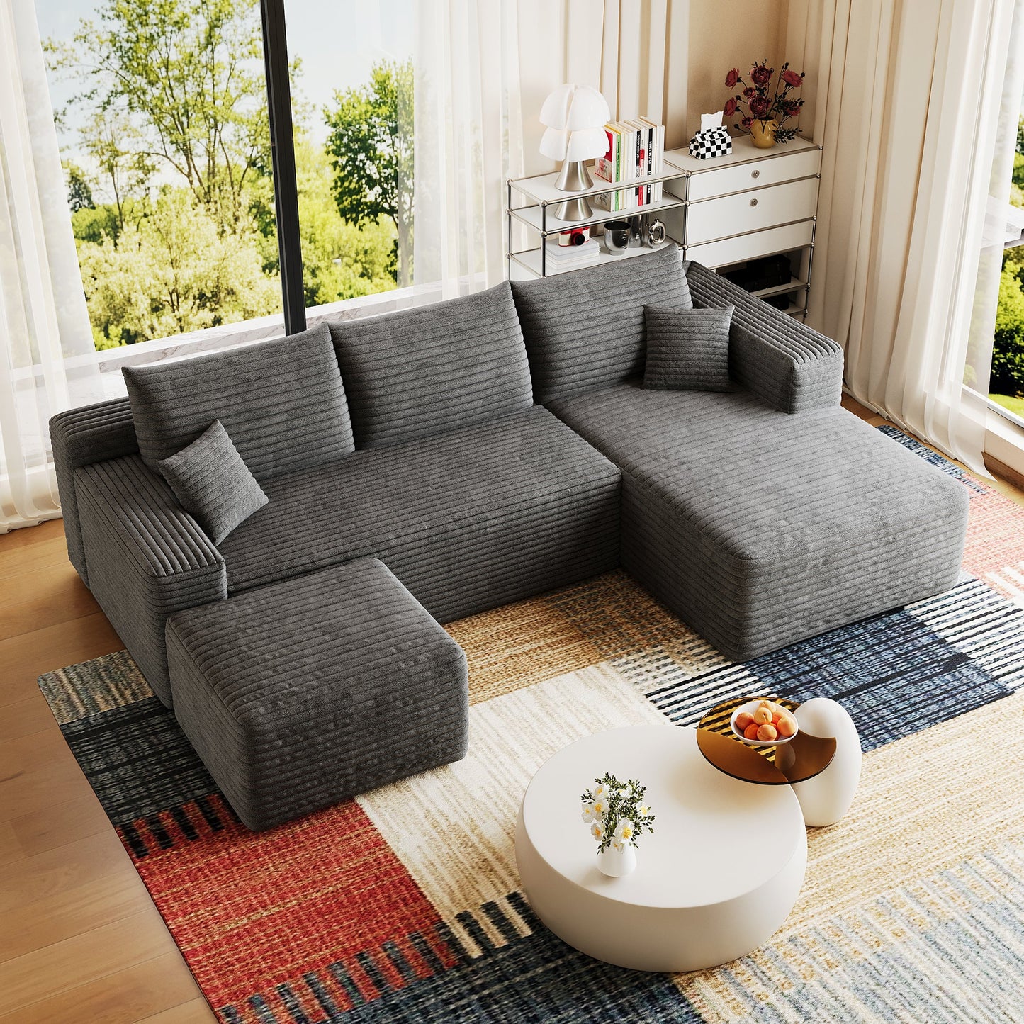 95-in Cloud Sectional Sofa with Ottoman in grey ribbed fabric for a modern living room on Tampa Home & Garden Store
