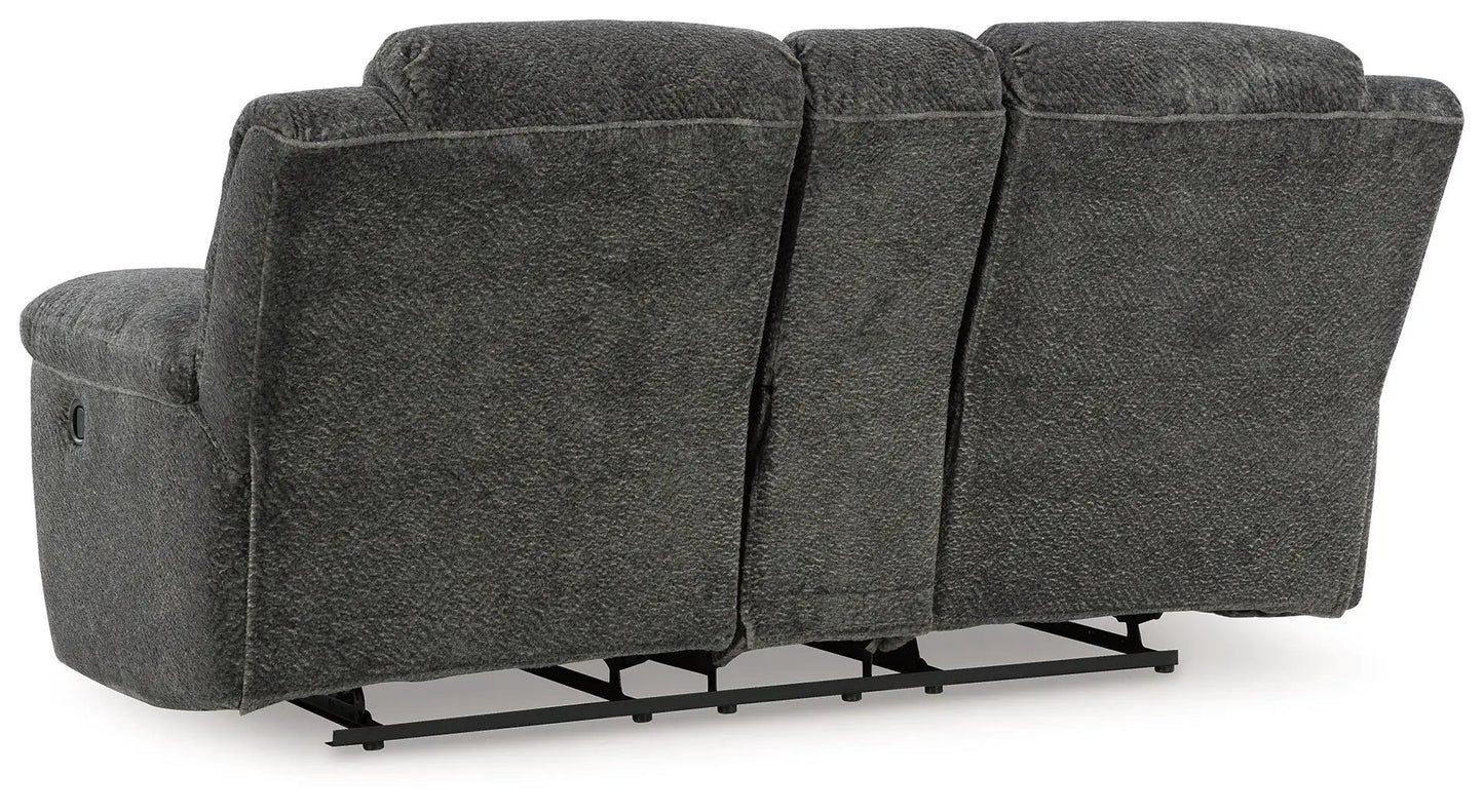 Frohn Dbl Reclining Loveseat With Console in dark gray fabric on Tampa Home & Garden Store