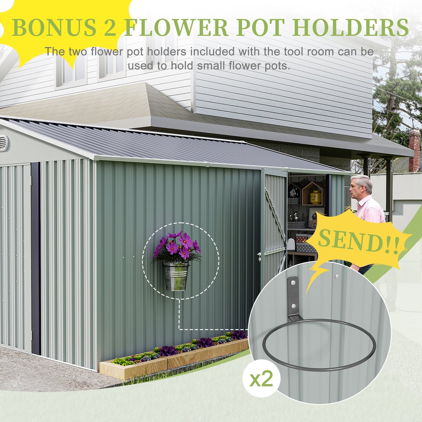 10x12 FT outdoor metal storage shed by HouseOfZazla gray panels with flower pot holders on Tampa Home & Garden Store