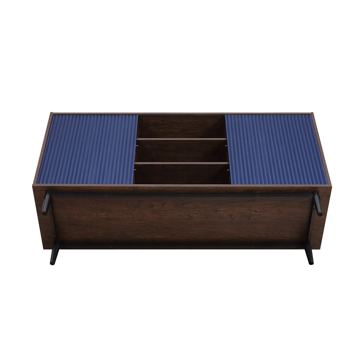 Fluted sideboard with adjustable storage in dark wood frame and blue doors on Tampa Home & Garden Store