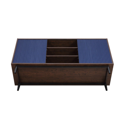 Fluted sideboard with adjustable storage in dark wood frame and blue doors on Tampa Home & Garden Store