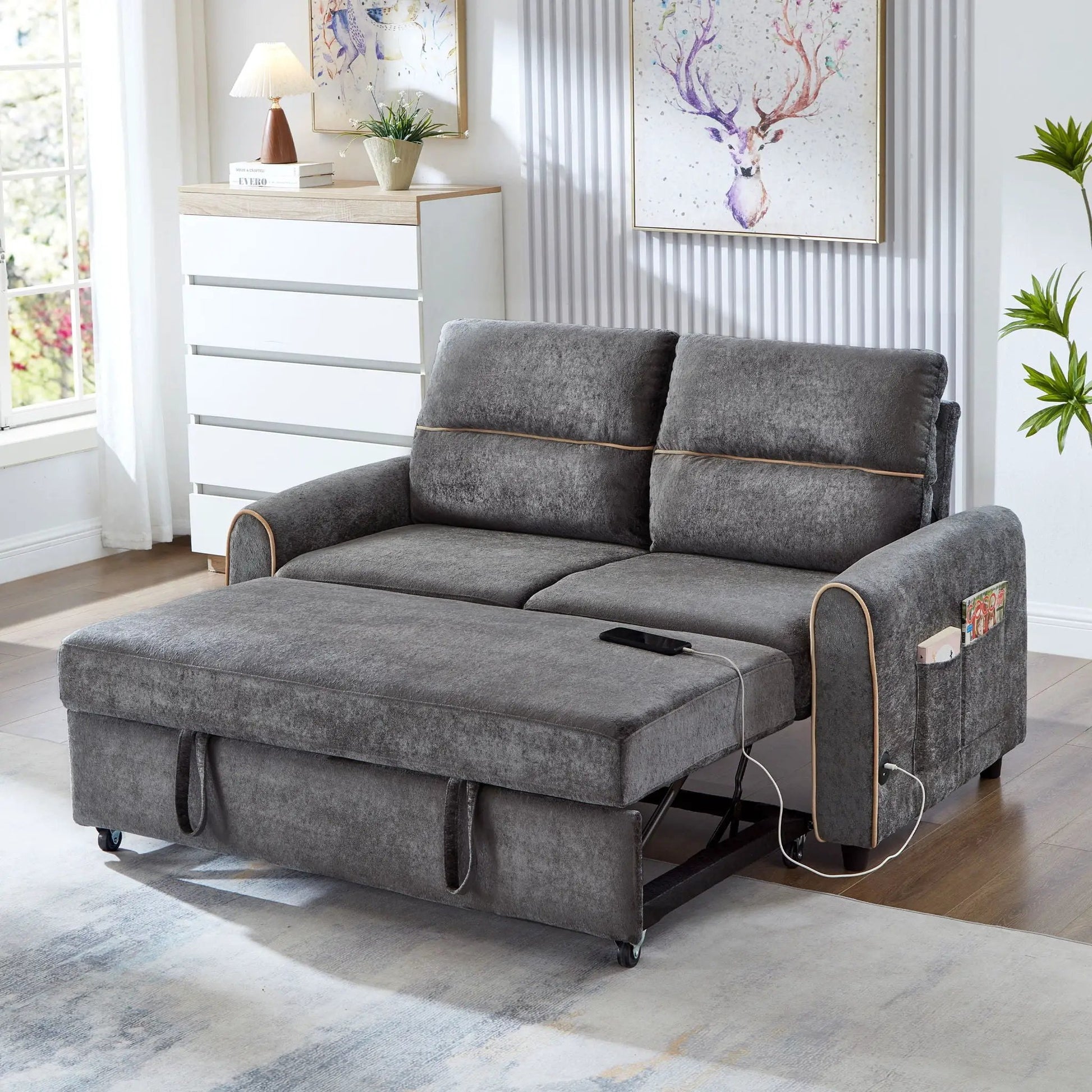 Pull Out Sofa Bed gray fabric sleeper loveseat with adjustable backrest USB ports side pockets on Tampa Home & Garden Store