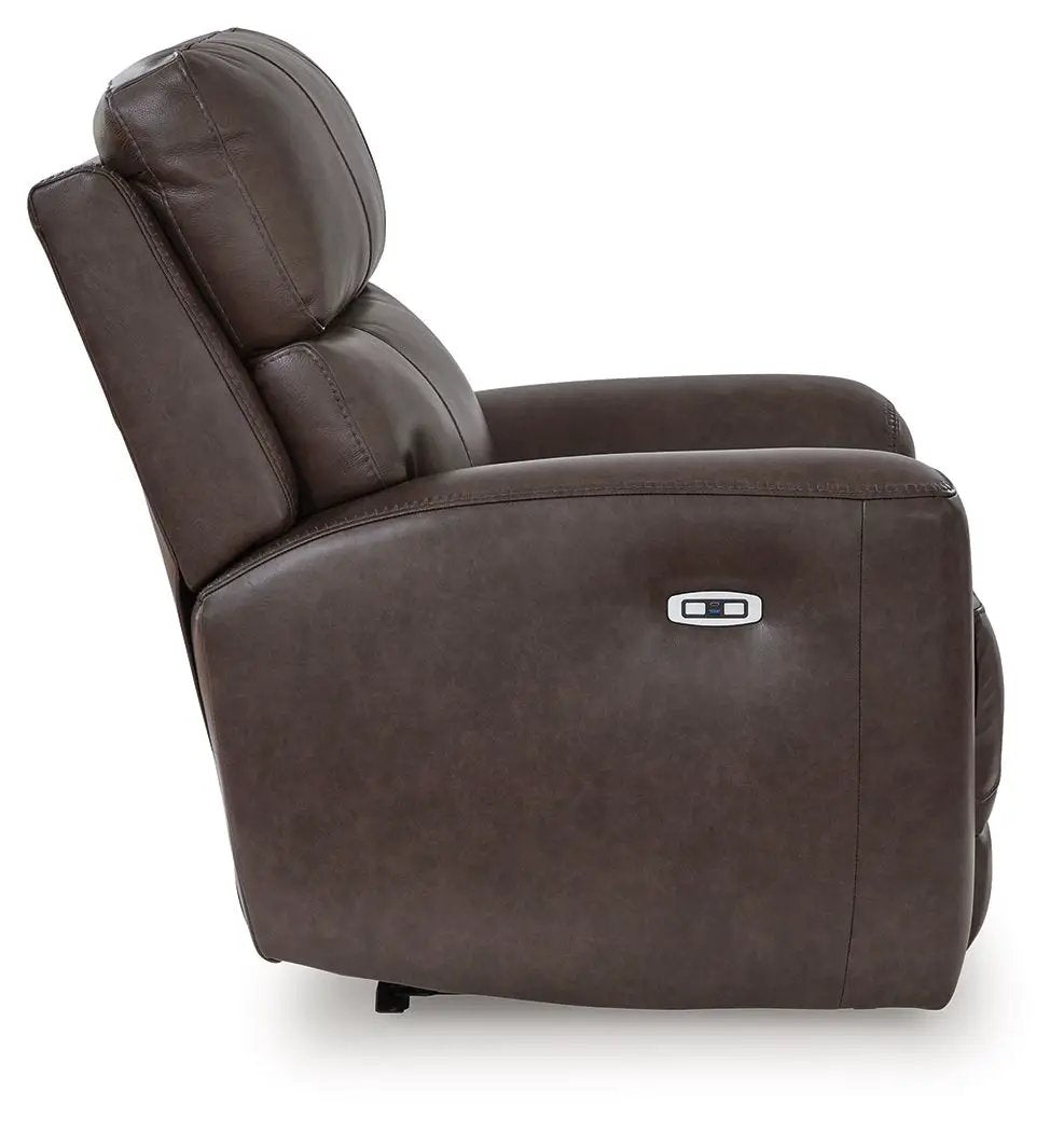 Crossplex power recliner with adjustable headrest in smoke leather, side control panel on Tampa Home & Garden Store