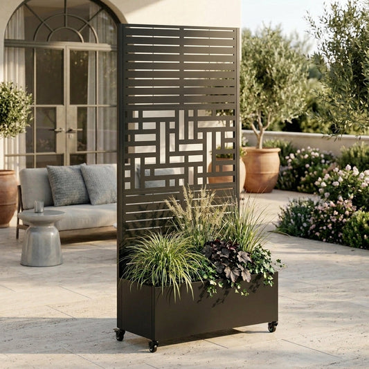 Metal planter box with trellis panel on wheels, 73x35x16 dark finish grasses HouseOfZazla Garden on Tampa Home & Garden Store