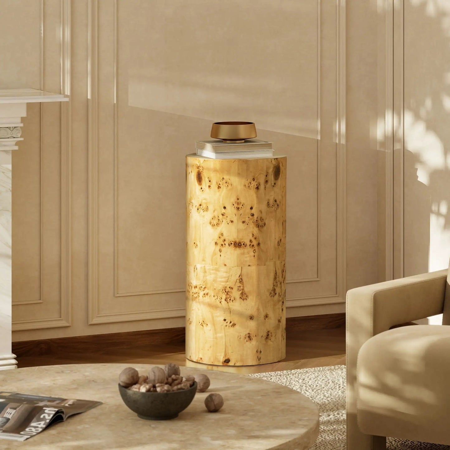 Nebula Accent Pillar Side Table burl wood pedestal brass bowl by Unique Piece Furniture on Tampa Home & Garden Store