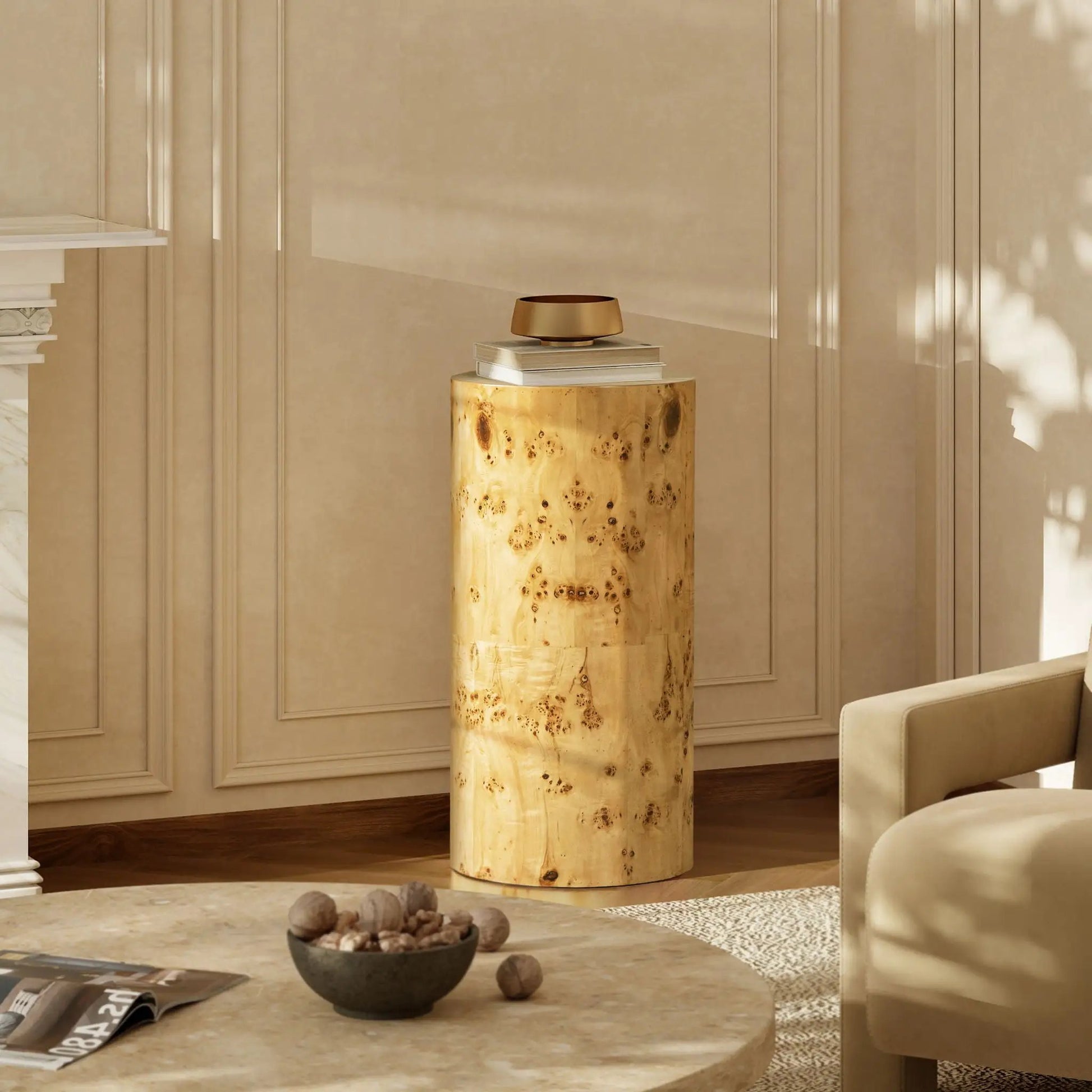 Nebula Accent Pillar Side Table burl wood pedestal brass bowl by Unique Piece Furniture on Tampa Home & Garden Store