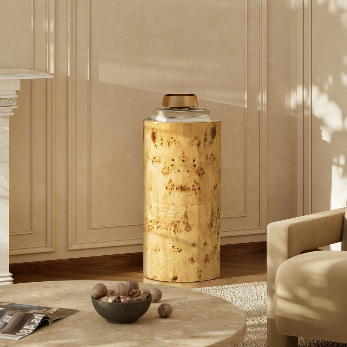 Nebula Accent Pillar Side Table with Burl Wood Veneer in light brown finish, natural grain on Tampa Home & Garden Store
