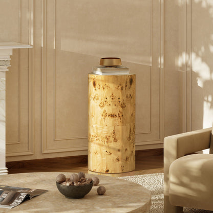 Nebula Accent Pillar Side Table with Burl Wood Veneer in light brown finish, natural grain on Tampa Home & Garden Store
