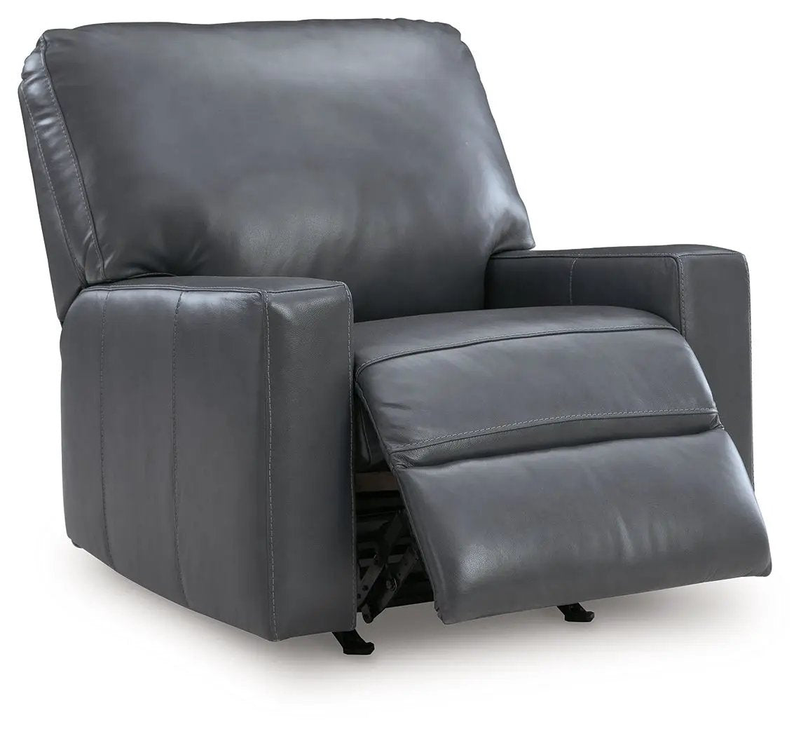 Bolsena rocker recliner in dark gray faux leather with padded arms and extended footrest on Tampa Home & Garden Store