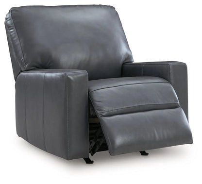 Bolsena rocker recliner in dark gray faux leather with padded arms and extended footrest on Tampa Home & Garden Store